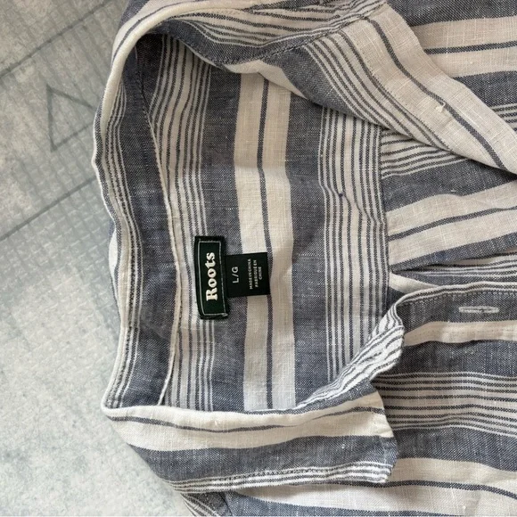 Roots Navy and White Striped Button-Down Linen Shirt - Picture 2 of 4